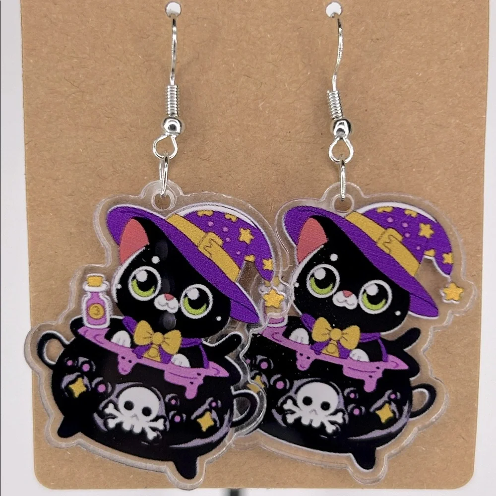 Witch Cat In A Cauldron Halloween Earrings 2D Acrylic Cartoon Fashion Jewelry
